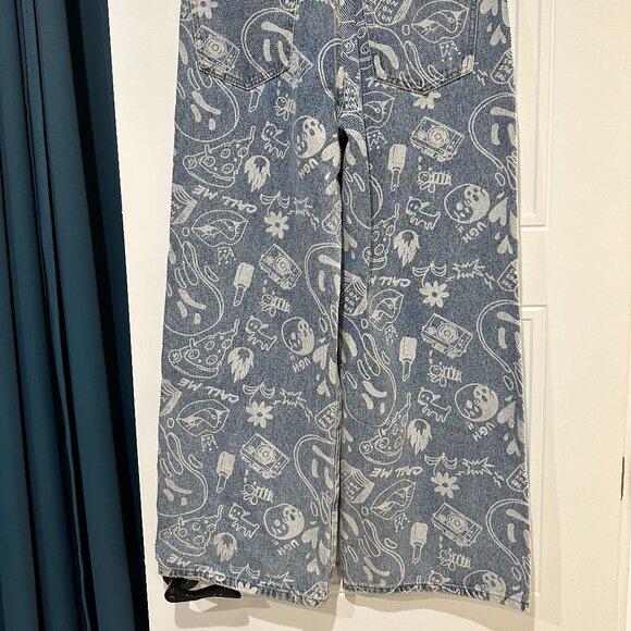 Edikted Cropped Denim Jacket & Malia Printed Wide Leg Jeans Streetwear - Picture 15 of 16